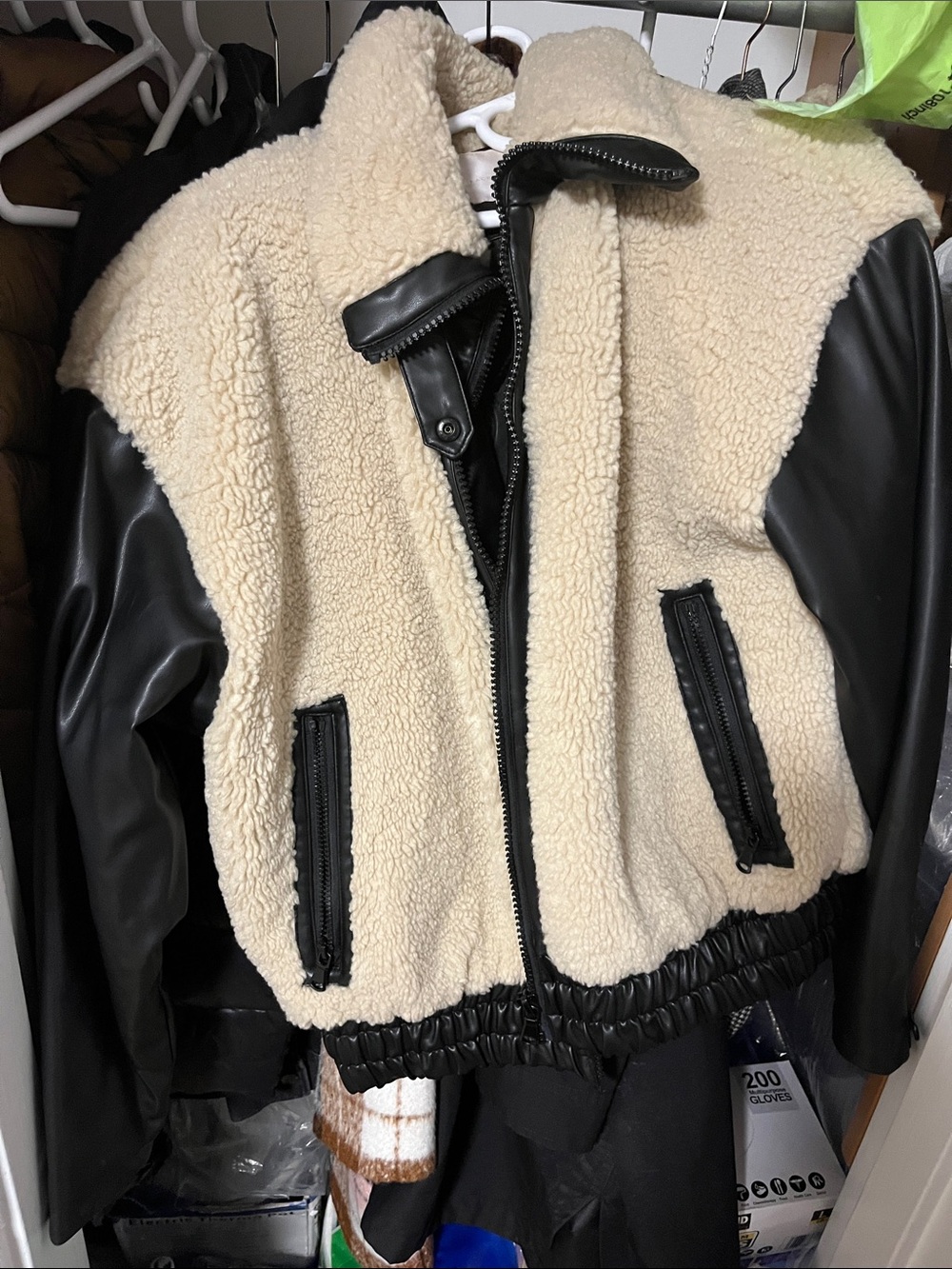 Rachel Parcell Cream Sherpa Bomber Jacket with Black Trim